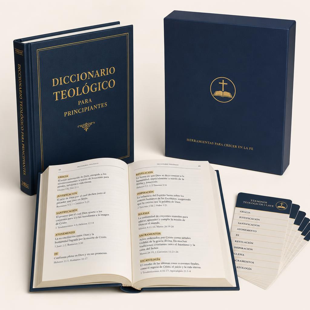 Diccionario Teológico para Principiantes abierto junto a fichas de términos clave
